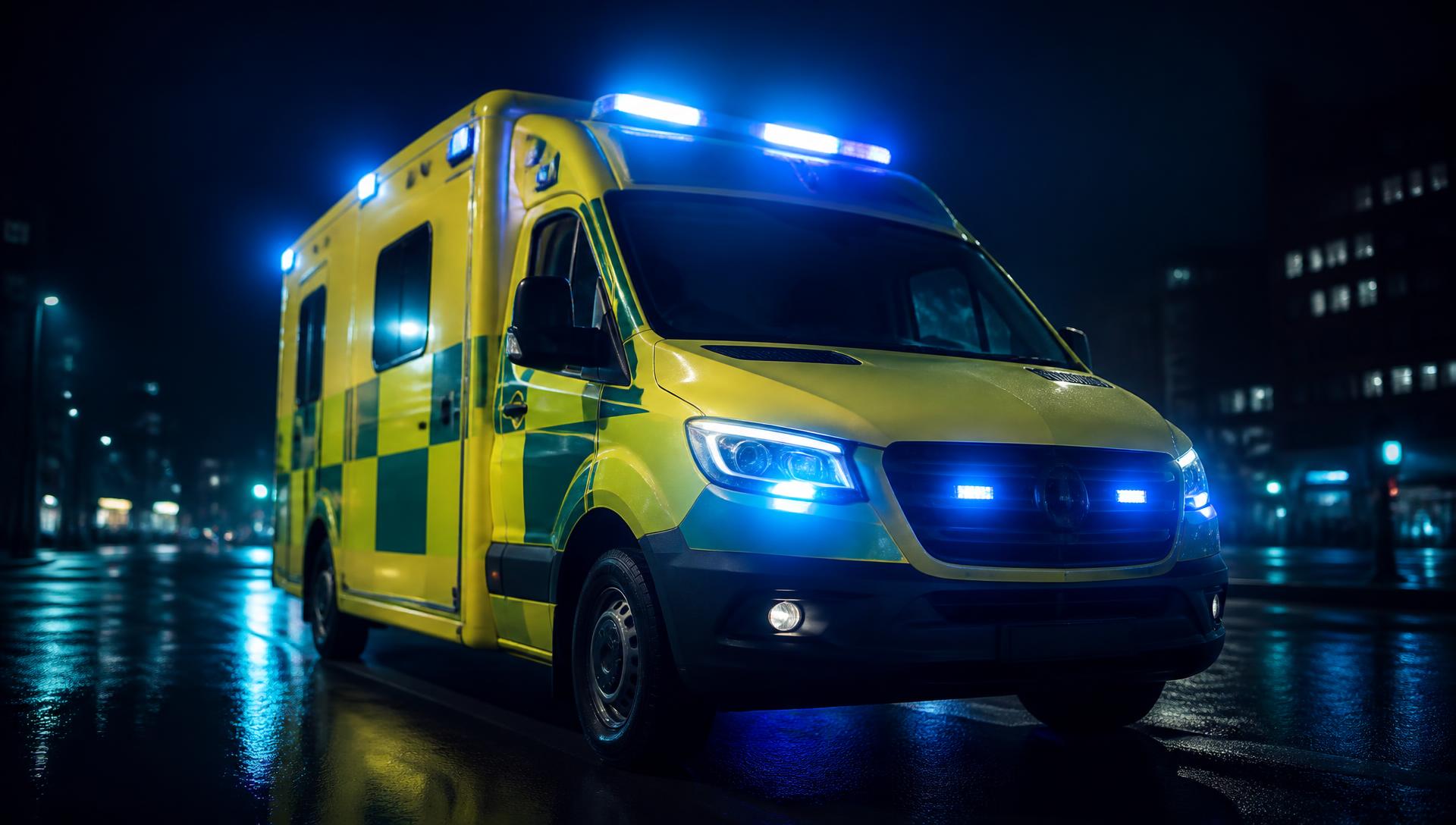 Svensk ambulans med blåljus och gulgrön profilering på nattlig gata